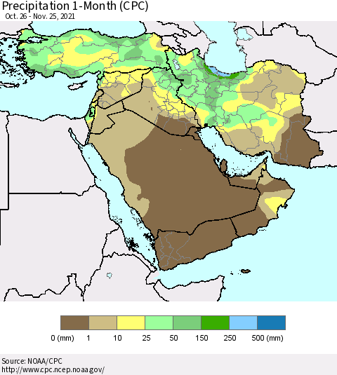 Middle East and Turkey Precipitation 1-Month (CPC) Thematic Map For 10/26/2021 - 11/25/2021