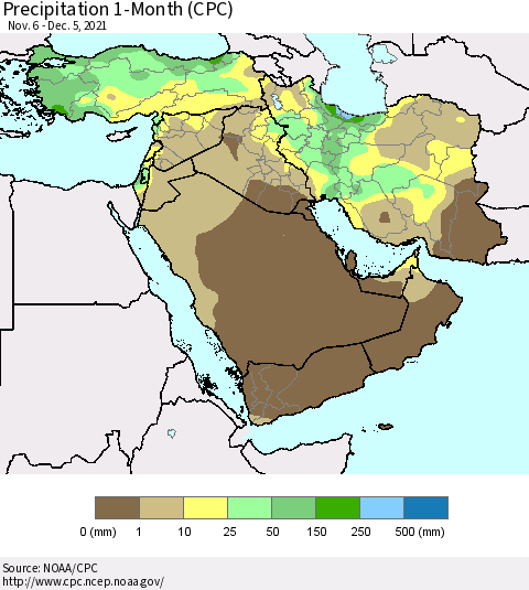 Middle East and Turkey Precipitation 1-Month (CPC) Thematic Map For 11/6/2021 - 12/5/2021