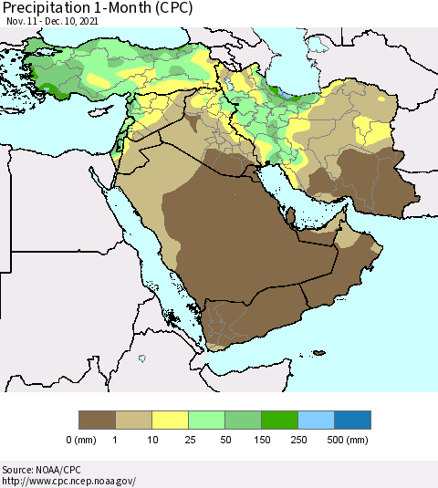 Middle East and Turkey Precipitation 1-Month (CPC) Thematic Map For 11/11/2021 - 12/10/2021