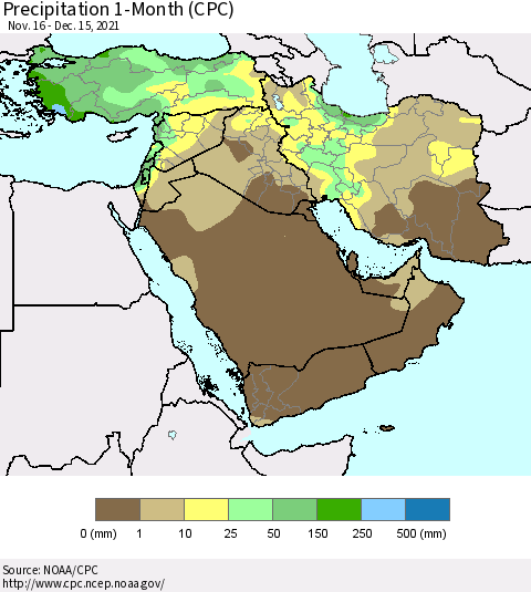 Middle East and Turkey Precipitation 1-Month (CPC) Thematic Map For 11/16/2021 - 12/15/2021