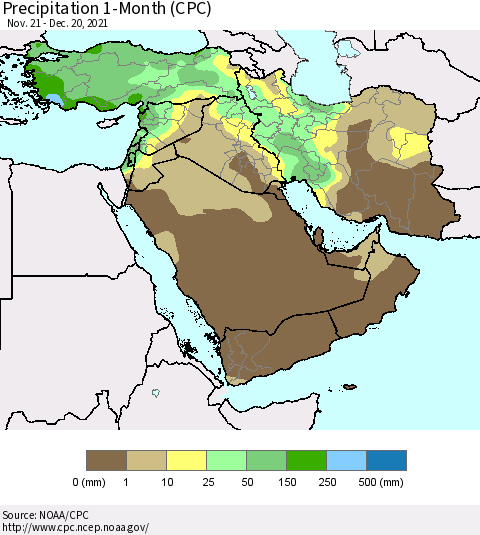 Middle East and Turkey Precipitation 1-Month (CPC) Thematic Map For 11/21/2021 - 12/20/2021
