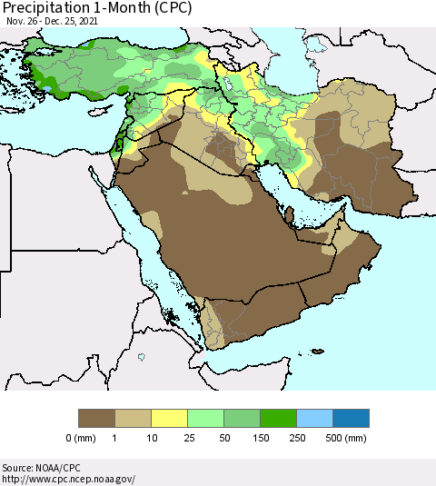 Middle East and Turkey Precipitation 1-Month (CPC) Thematic Map For 11/26/2021 - 12/25/2021