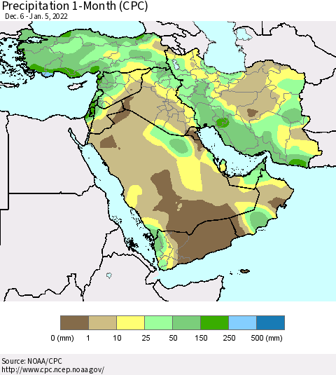 Middle East and Turkey Precipitation 1-Month (CPC) Thematic Map For 12/6/2021 - 1/5/2022