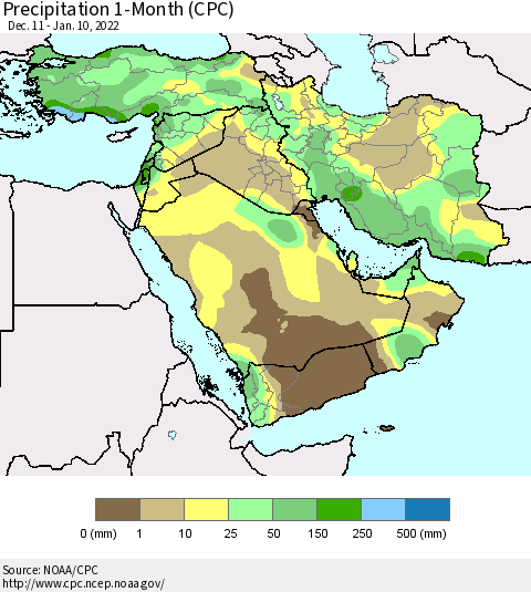 Middle East and Turkey Precipitation 1-Month (CPC) Thematic Map For 12/11/2021 - 1/10/2022