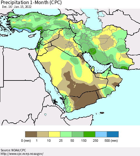 Middle East and Turkey Precipitation 1-Month (CPC) Thematic Map For 12/16/2021 - 1/15/2022