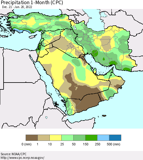 Middle East and Turkey Precipitation 1-Month (CPC) Thematic Map For 12/21/2021 - 1/20/2022