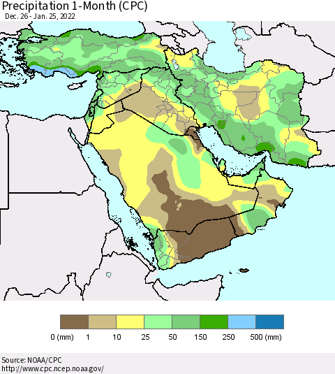 Middle East and Turkey Precipitation 1-Month (CPC) Thematic Map For 12/26/2021 - 1/25/2022