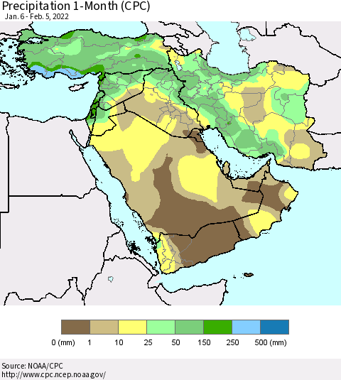 Middle East and Turkey Precipitation 1-Month (CPC) Thematic Map For 1/6/2022 - 2/5/2022