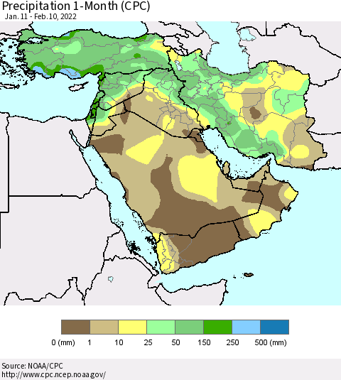 Middle East and Turkey Precipitation 1-Month (CPC) Thematic Map For 1/11/2022 - 2/10/2022