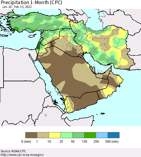 Middle East and Turkey Precipitation 1-Month (CPC) Thematic Map For 1/16/2022 - 2/15/2022