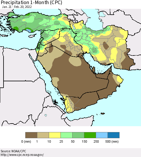 Middle East and Turkey Precipitation 1-Month (CPC) Thematic Map For 1/21/2022 - 2/20/2022