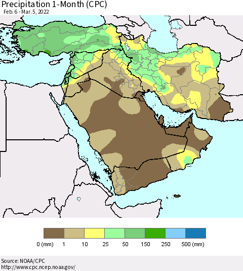 Middle East and Turkey Precipitation 1-Month (CPC) Thematic Map For 2/6/2022 - 3/5/2022