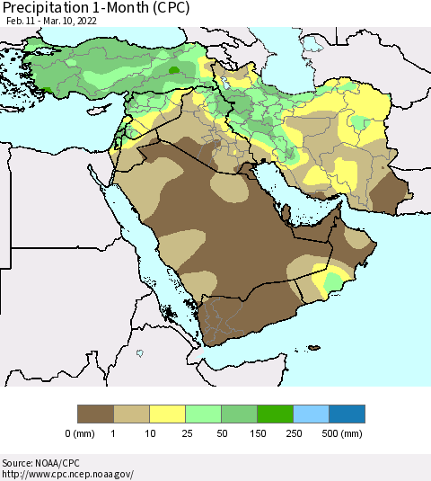 Middle East and Turkey Precipitation 1-Month (CPC) Thematic Map For 2/11/2022 - 3/10/2022