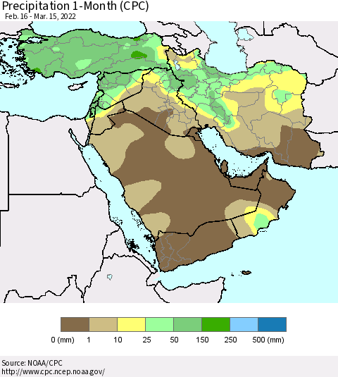 Middle East and Turkey Precipitation 1-Month (CPC) Thematic Map For 2/16/2022 - 3/15/2022