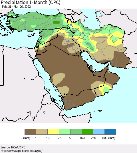 Middle East and Turkey Precipitation 1-Month (CPC) Thematic Map For 2/21/2022 - 3/20/2022