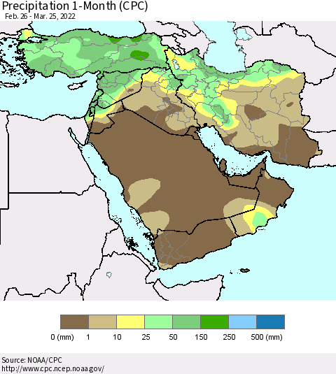 Middle East and Turkey Precipitation 1-Month (CPC) Thematic Map For 2/26/2022 - 3/25/2022