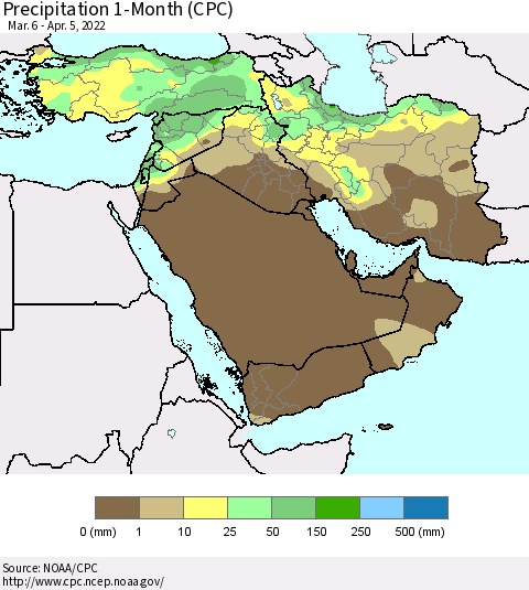 Middle East and Turkey Precipitation 1-Month (CPC) Thematic Map For 3/6/2022 - 4/5/2022
