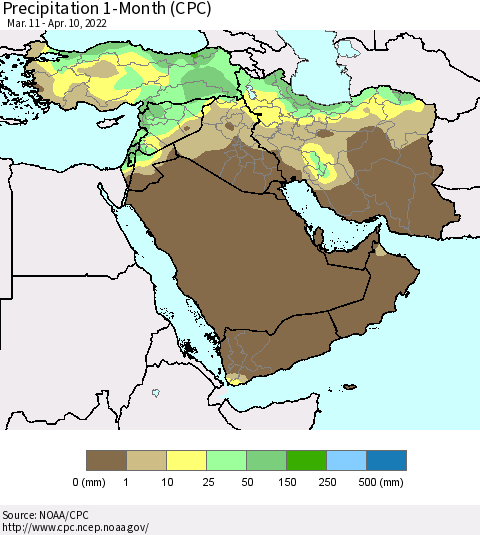 Middle East and Turkey Precipitation 1-Month (CPC) Thematic Map For 3/11/2022 - 4/10/2022