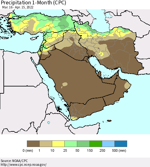 Middle East and Turkey Precipitation 1-Month (CPC) Thematic Map For 3/16/2022 - 4/15/2022