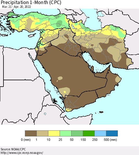 Middle East and Turkey Precipitation 1-Month (CPC) Thematic Map For 3/21/2022 - 4/20/2022