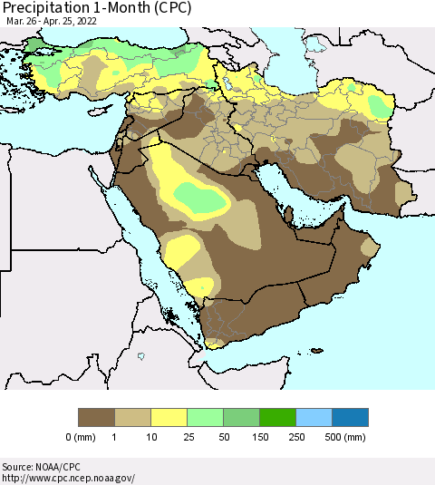 Middle East and Turkey Precipitation 1-Month (CPC) Thematic Map For 3/26/2022 - 4/25/2022