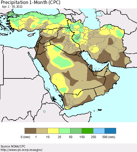 Middle East and Turkey Precipitation 1-Month (CPC) Thematic Map For 4/1/2022 - 4/30/2022