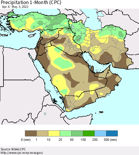 Middle East and Turkey Precipitation 1-Month (CPC) Thematic Map For 4/6/2022 - 5/5/2022