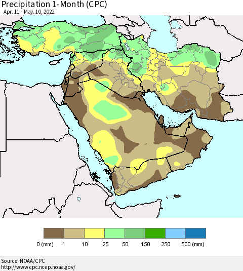 Middle East and Turkey Precipitation 1-Month (CPC) Thematic Map For 4/11/2022 - 5/10/2022