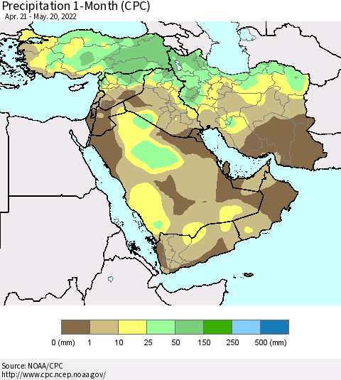 Middle East and Turkey Precipitation 1-Month (CPC) Thematic Map For 4/21/2022 - 5/20/2022