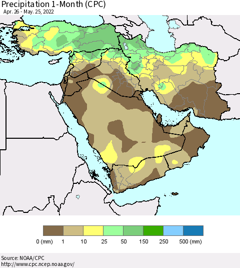 Middle East and Turkey Precipitation 1-Month (CPC) Thematic Map For 4/26/2022 - 5/25/2022