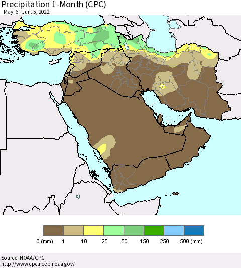 Middle East and Turkey Precipitation 1-Month (CPC) Thematic Map For 5/6/2022 - 6/5/2022
