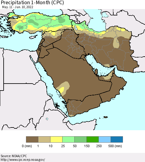 Middle East and Turkey Precipitation 1-Month (CPC) Thematic Map For 5/11/2022 - 6/10/2022