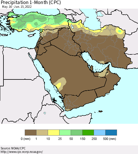 Middle East and Turkey Precipitation 1-Month (CPC) Thematic Map For 5/16/2022 - 6/15/2022