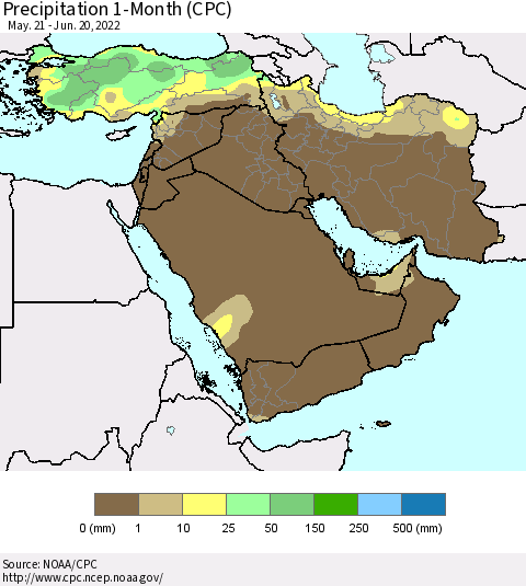 Middle East and Turkey Precipitation 1-Month (CPC) Thematic Map For 5/21/2022 - 6/20/2022