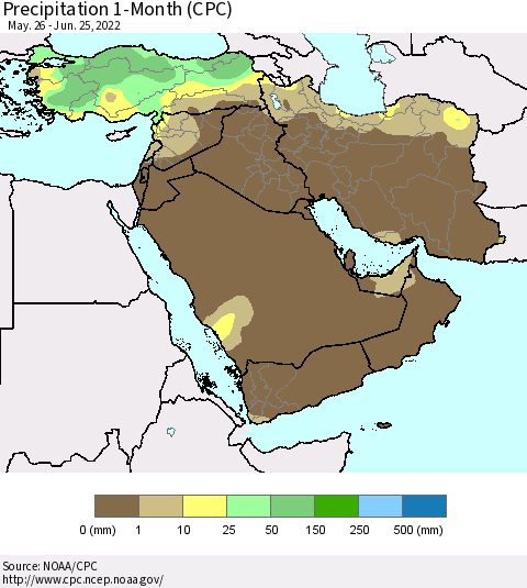 Middle East and Turkey Precipitation 1-Month (CPC) Thematic Map For 5/26/2022 - 6/25/2022