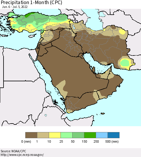Middle East and Turkey Precipitation 1-Month (CPC) Thematic Map For 6/6/2022 - 7/5/2022