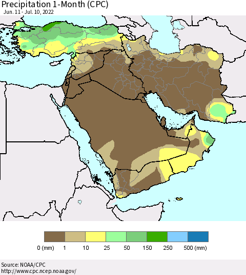 Middle East and Turkey Precipitation 1-Month (CPC) Thematic Map For 6/11/2022 - 7/10/2022