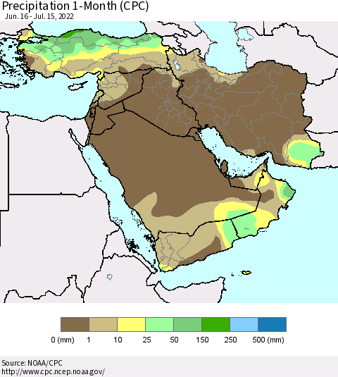 Middle East and Turkey Precipitation 1-Month (CPC) Thematic Map For 6/16/2022 - 7/15/2022