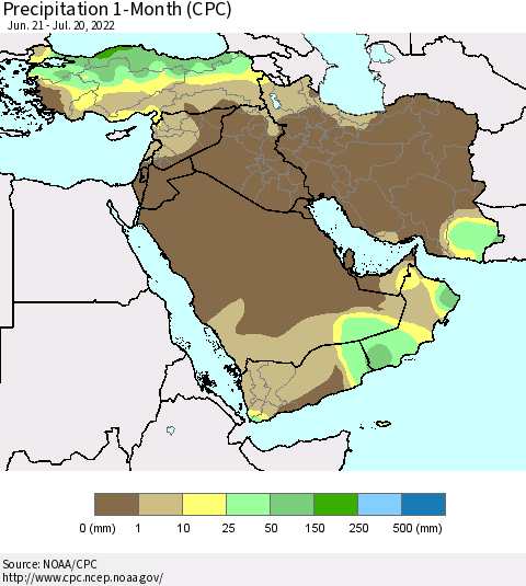 Middle East and Turkey Precipitation 1-Month (CPC) Thematic Map For 6/21/2022 - 7/20/2022
