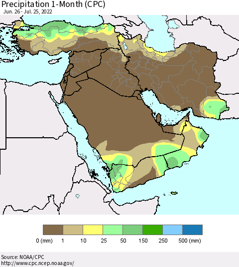 Middle East and Turkey Precipitation 1-Month (CPC) Thematic Map For 6/26/2022 - 7/25/2022
