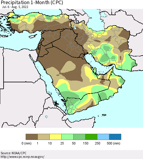 Middle East and Turkey Precipitation 1-Month (CPC) Thematic Map For 7/6/2022 - 8/5/2022