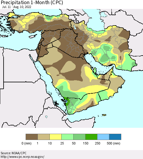 Middle East and Turkey Precipitation 1-Month (CPC) Thematic Map For 7/11/2022 - 8/10/2022