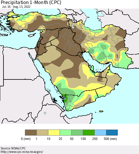 Middle East and Turkey Precipitation 1-Month (CPC) Thematic Map For 7/16/2022 - 8/15/2022
