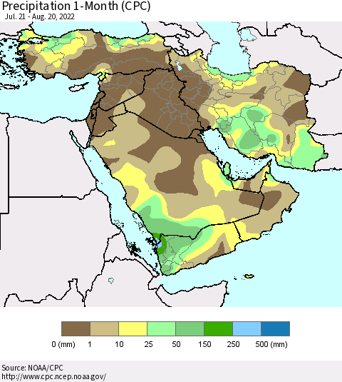 Middle East and Turkey Precipitation 1-Month (CPC) Thematic Map For 7/21/2022 - 8/20/2022