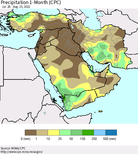 Middle East and Turkey Precipitation 1-Month (CPC) Thematic Map For 7/26/2022 - 8/25/2022