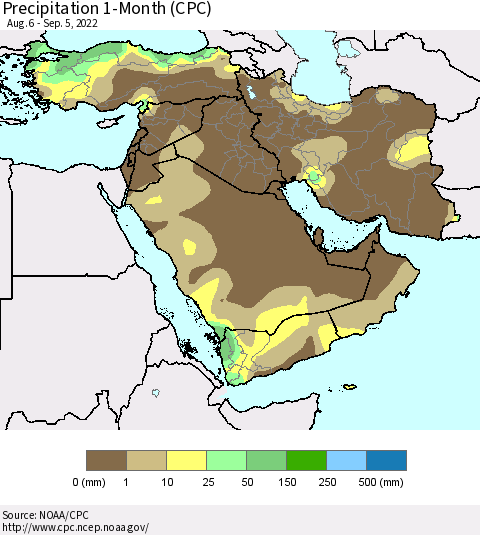Middle East and Turkey Precipitation 1-Month (CPC) Thematic Map For 8/6/2022 - 9/5/2022
