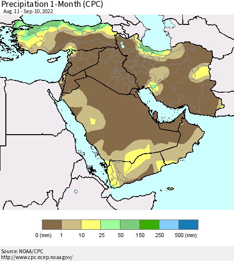 Middle East and Turkey Precipitation 1-Month (CPC) Thematic Map For 8/11/2022 - 9/10/2022