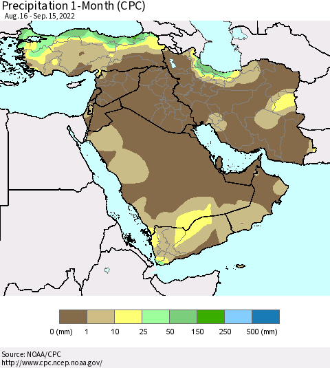 Middle East and Turkey Precipitation 1-Month (CPC) Thematic Map For 8/16/2022 - 9/15/2022