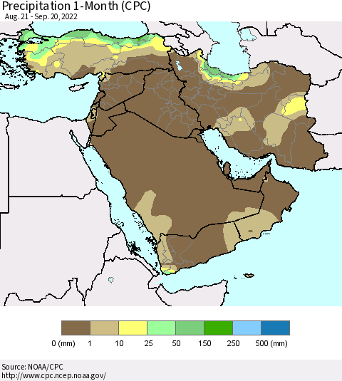 Middle East and Turkey Precipitation 1-Month (CPC) Thematic Map For 8/21/2022 - 9/20/2022