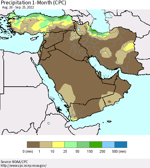 Middle East and Turkey Precipitation 1-Month (CPC) Thematic Map For 8/26/2022 - 9/25/2022